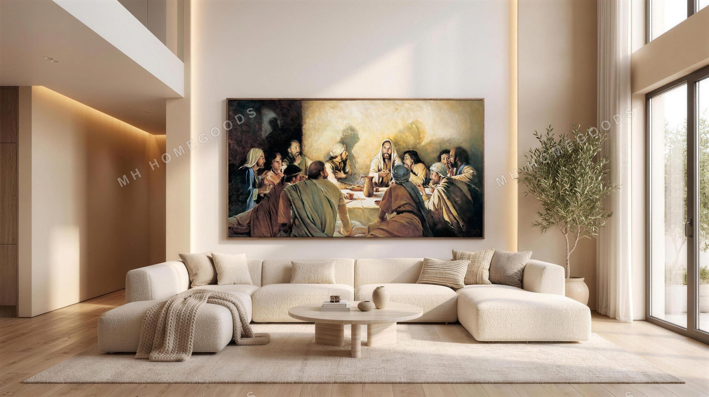Last Supper canvas by MH Homegoods hanging above a cream sofa in a bright living room