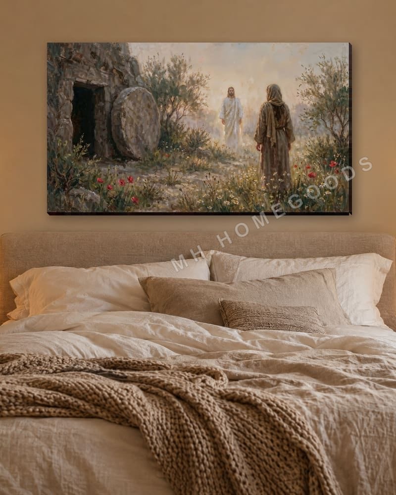 He Is Risen above the bed